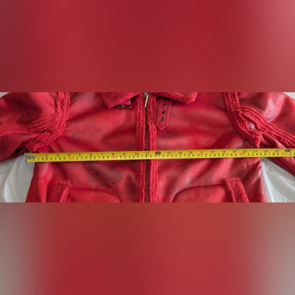G by Giuliana Black Label Faux Suede and Shearling Zip-Front Coat Scarlet Red M - Picture 14 of 16